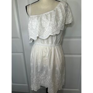 Solitaire Swim White Eyelet One Shoulder Dress Medium Summer Beach Cover‎ Up